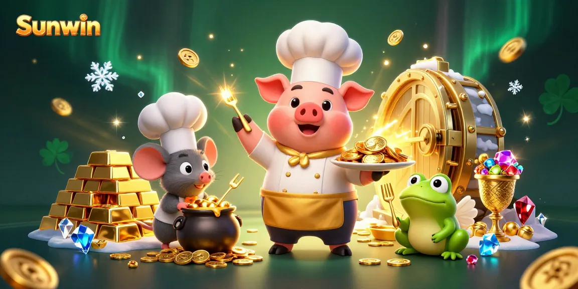 Sunwin offers a vibrant casino scene with cartoon characters celebrating rewards in gold.