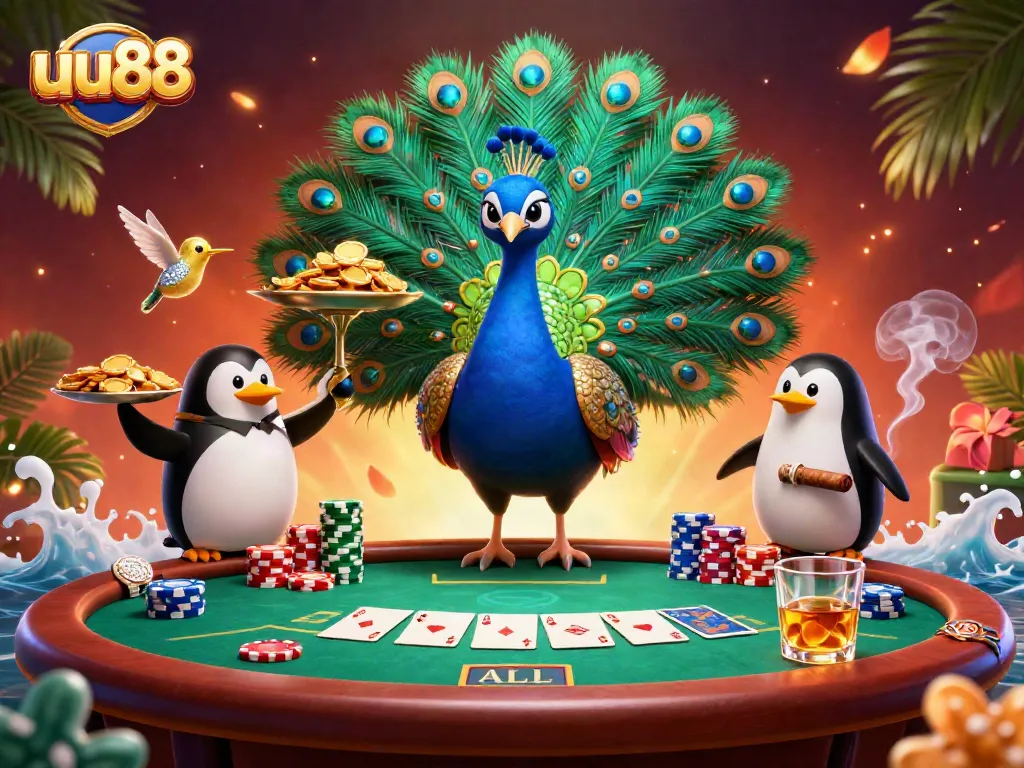 Play poker at uu88 with an extravagant scene showcasing an aristocratic peacock and golden chips.