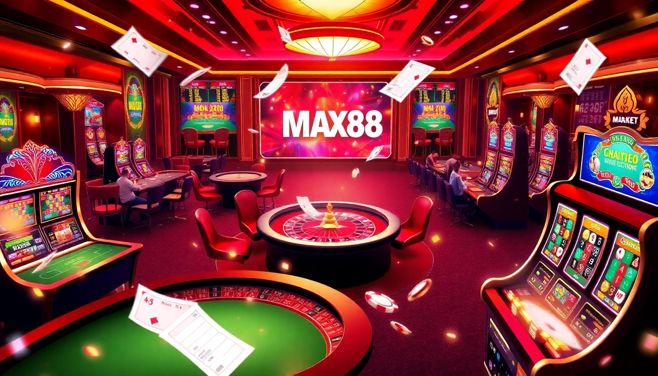 Experience the thrilling atmosphere of nhà cái max88 with vibrant casino tables and exciting gambling elements.
