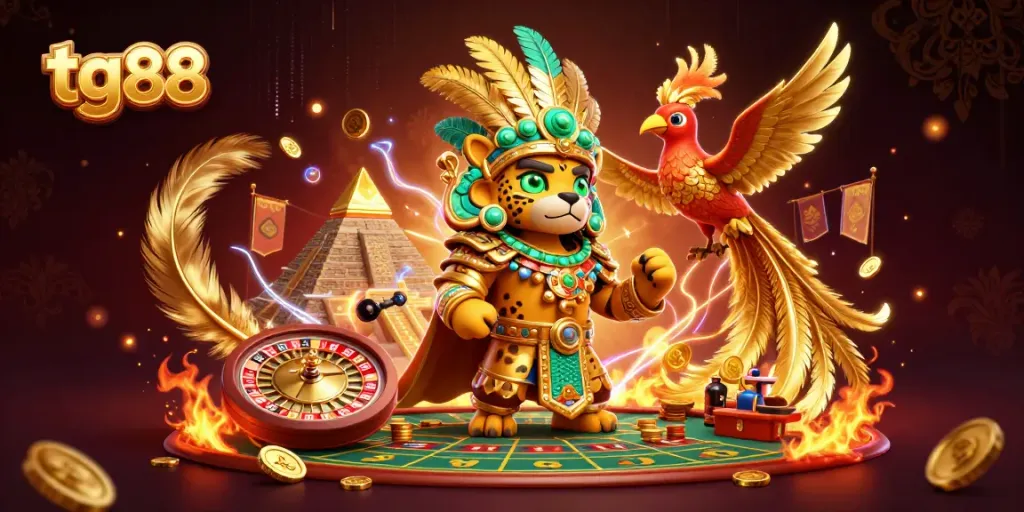 Experience thrilling gaming at tg88 with a Mayan jaguar priest, vibrant visuals, and dynamic gaming elements.