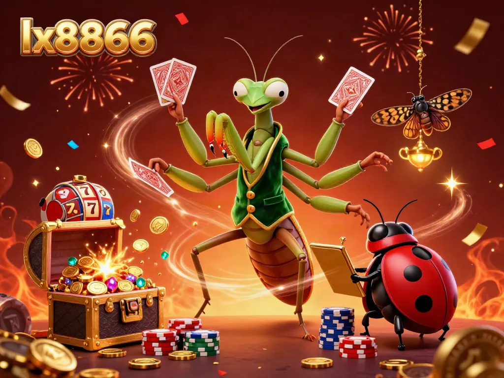 Experience the thrill of lx8866 gambling with vibrant characters, slot machines, and festive elements in a dynamic casino scene.