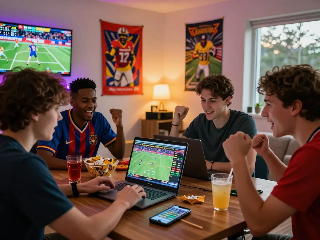 Gathered friends enjoying nhà cái uy tín online betting session with excitement and teamwork.
