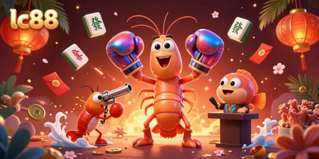 Explore lc88's exciting online gambling with vibrant characters and dynamic elements in this 3D illustration.