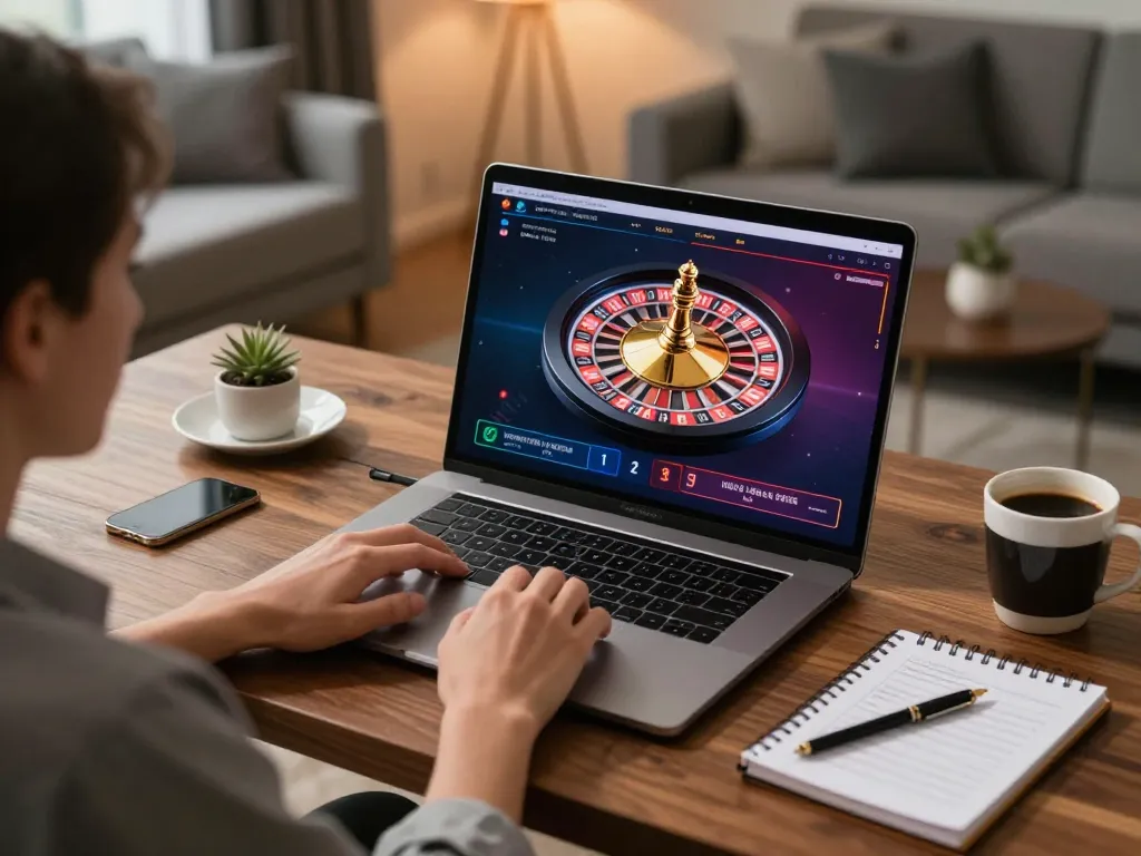 Engaging in live dealer roulette on 23win with a laptop in a stylish home office.