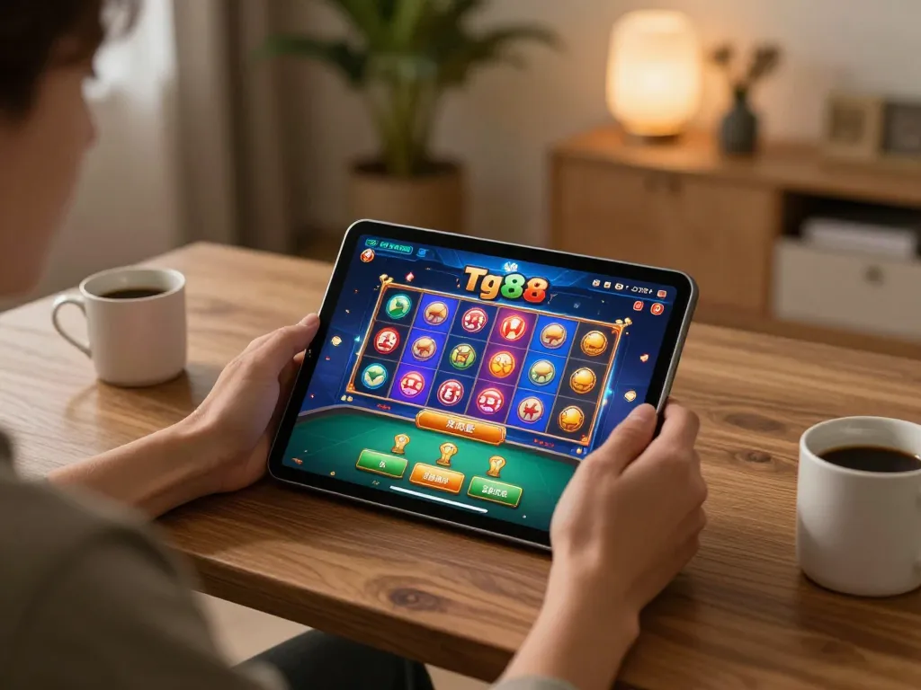 Playing tg88 game on a tablet in a cozy home setting, illustrating online gambling.