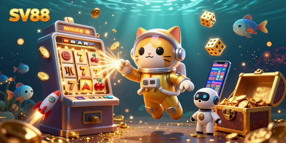 Explore the excitement of SV88 with a cosmic casino scene featuring an astronaut cat, jackpot slots, and vibrant colors.