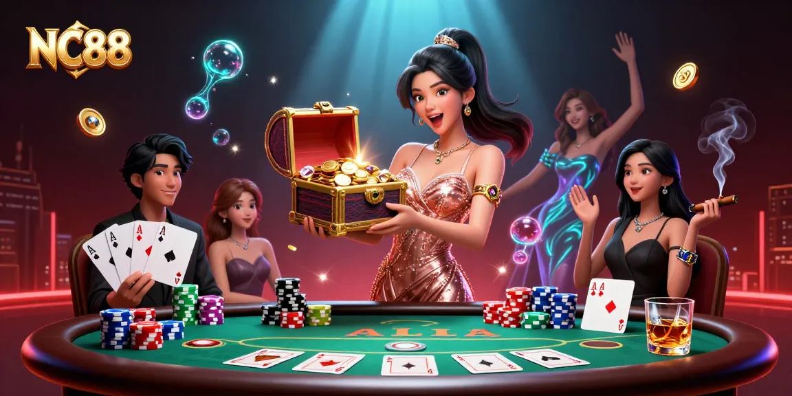 Experience thrilling NC88 action with a beautiful woman showcasing a treasure chest of winnings while surrounded by poker chips and cards.