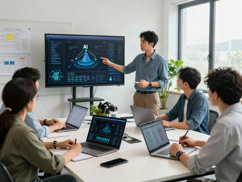 Team collaborating on AI technology project, showcasing ia +18 innovation in a modern workspace