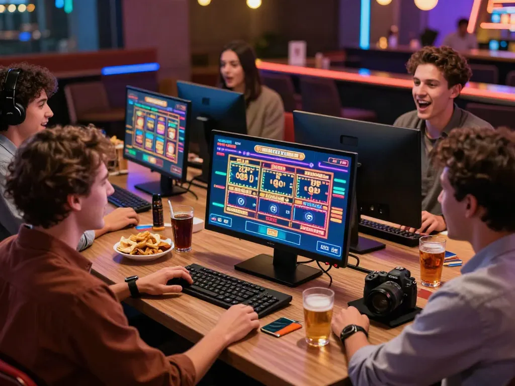 Engaged friends enjoying online gaming at 1da88.it.com with vibrant colors and modern tech.