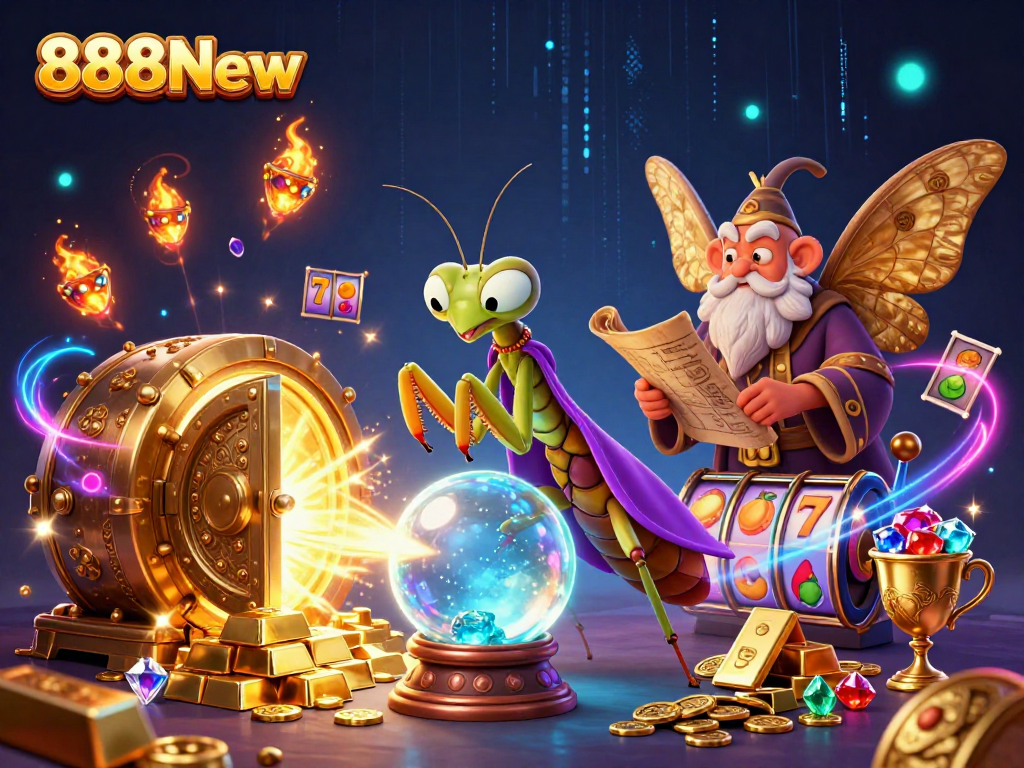 Spin the reels at 888New with vibrant characters and shimmering treasures in a dynamic casino scene.