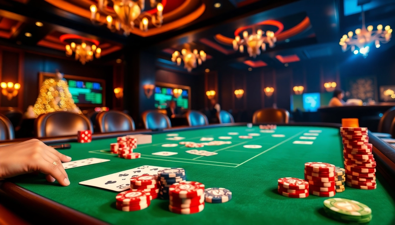 Players enjoying a thrilling game at 789F's casino table with vibrant chips and cards.