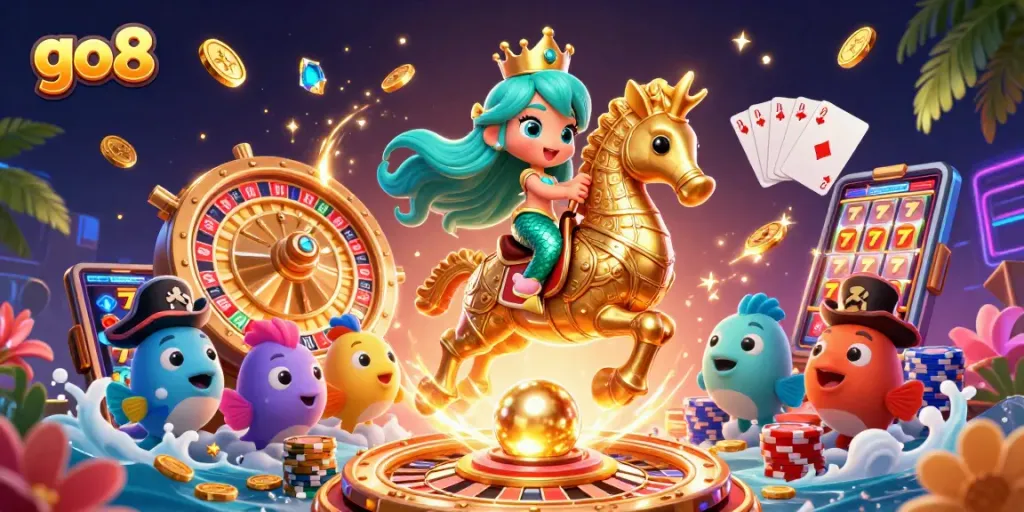 Engage in thrilling go8 casino adventures with a mermaid and colorful fish amid a vibrant 3D scene.
