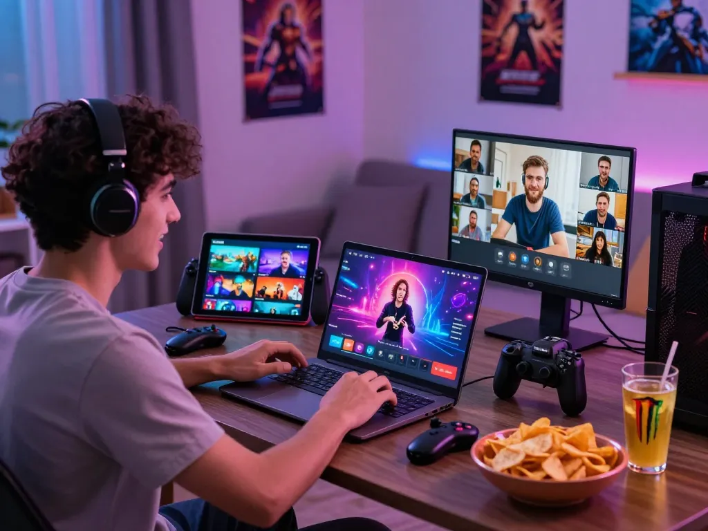 Engaging gaming moment on VAOBET platform with friends, snacks, and vibrant gaming graphics.