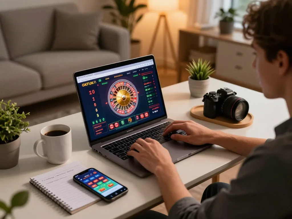 Engaging in online casino gameplay using OKFUN platform on a laptop in a cozy home setting.