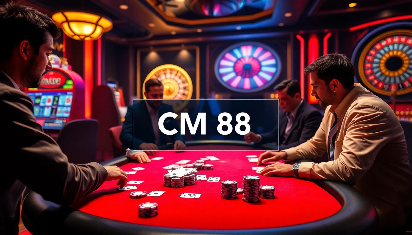 A poker game at CM 88 featuring excited players with vibrant casino decor.