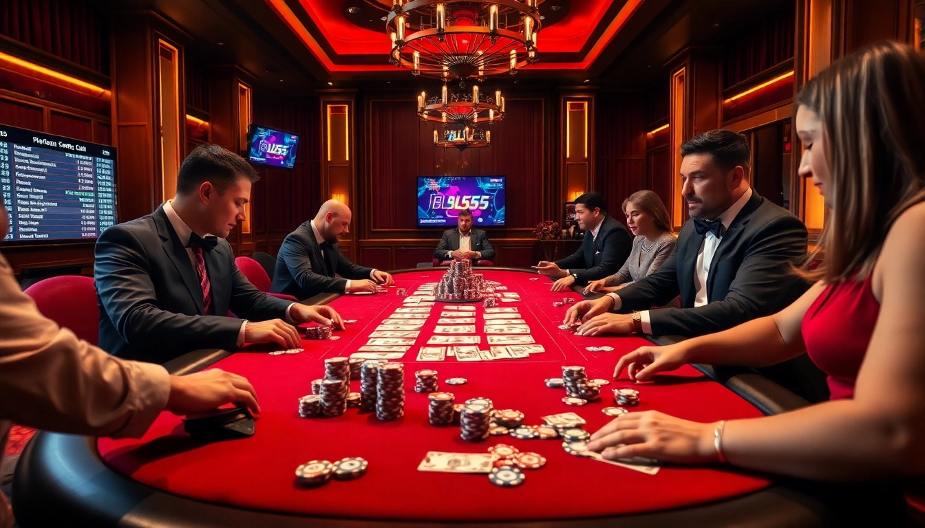 Gambling at a high-stakes poker table in a luxurious casino setting, highlighting BL555's thrilling gaming experience.
