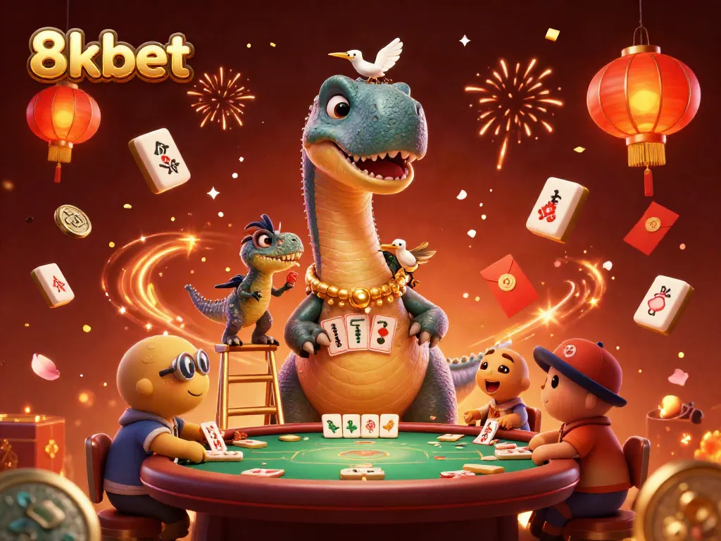 Engage with 8kbet in a dynamic casino scene showcasing cartoon dinosaurs and celebratory elements.