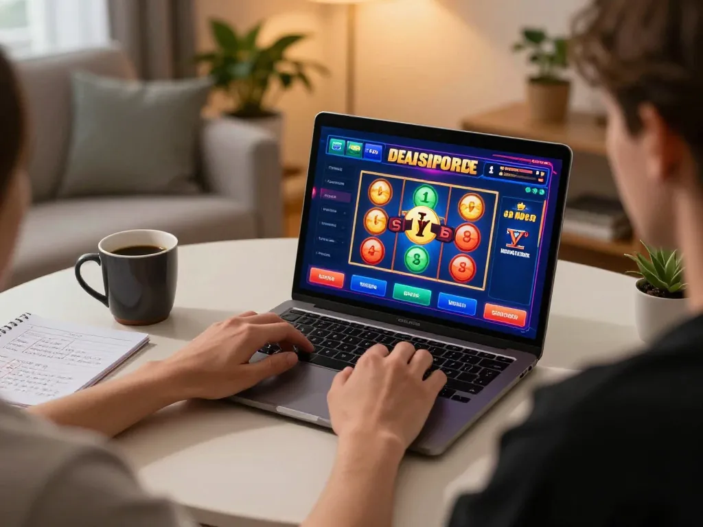 Engaging in gameplay on trang chủ rr88, a player strategizes while using a laptop for online slots at home.