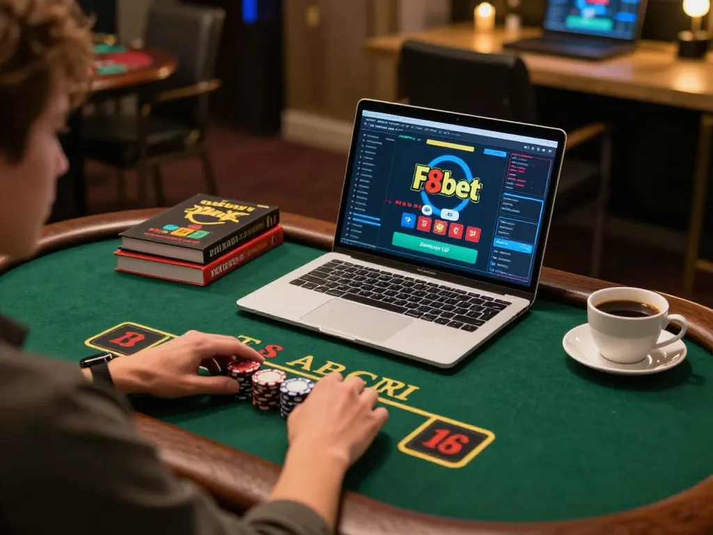 Player enjoying immersive live dealer blackjack on f8bet, cozy gaming setup with strategy books.