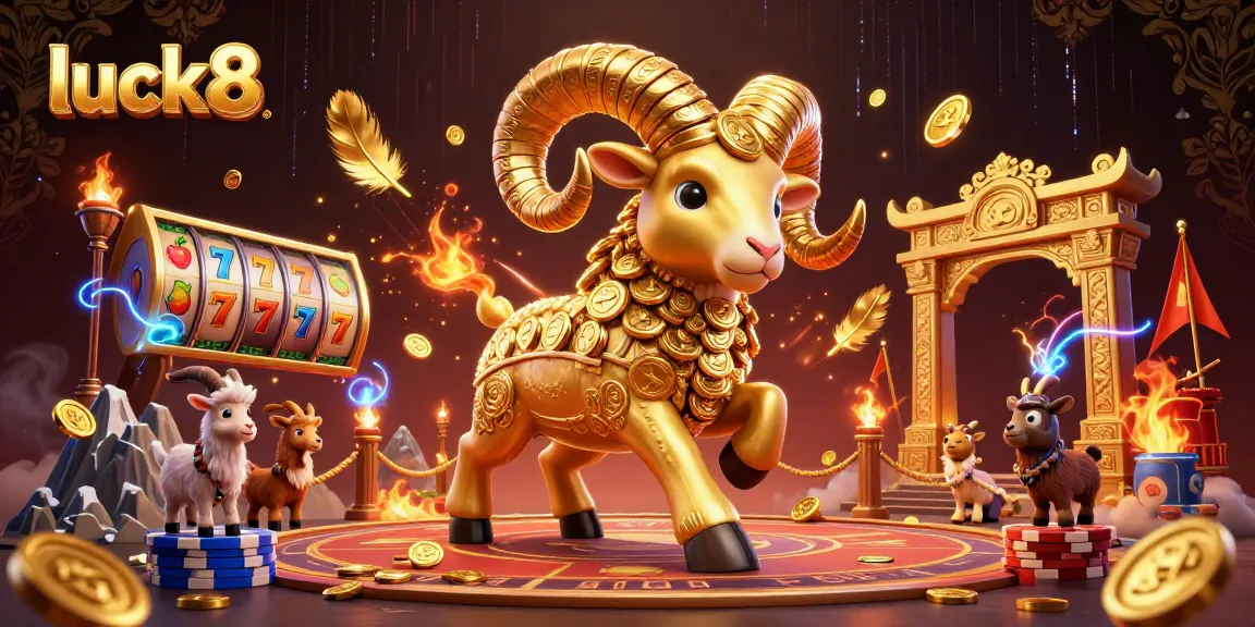 Luck8 showcases a dynamic 3D casino scene with vibrant slot elements and a golden ram, enhancing your gaming experience.