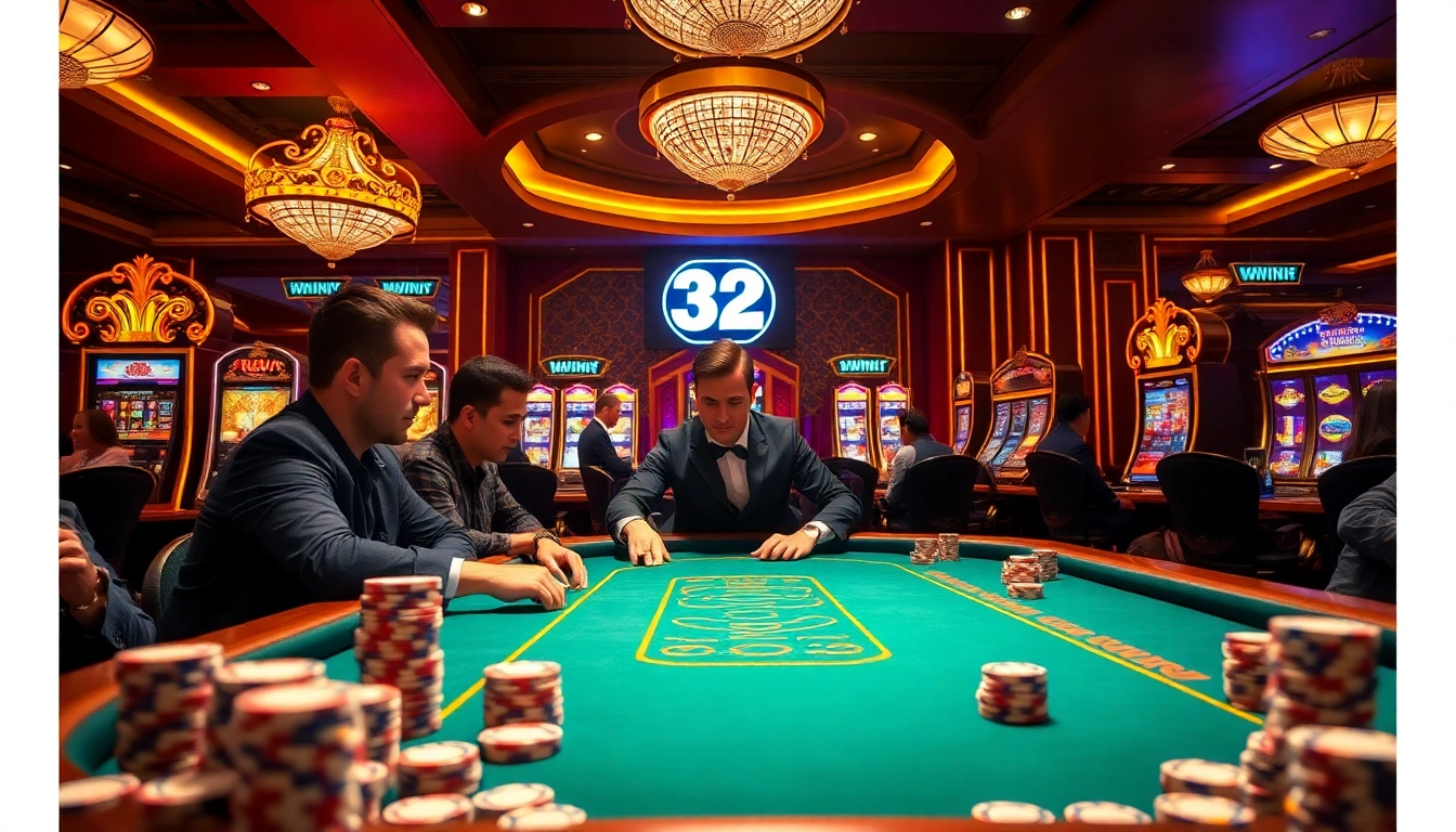 32WIN players enjoying a thrilling poker game in a luxurious casino setting with vibrant lights.