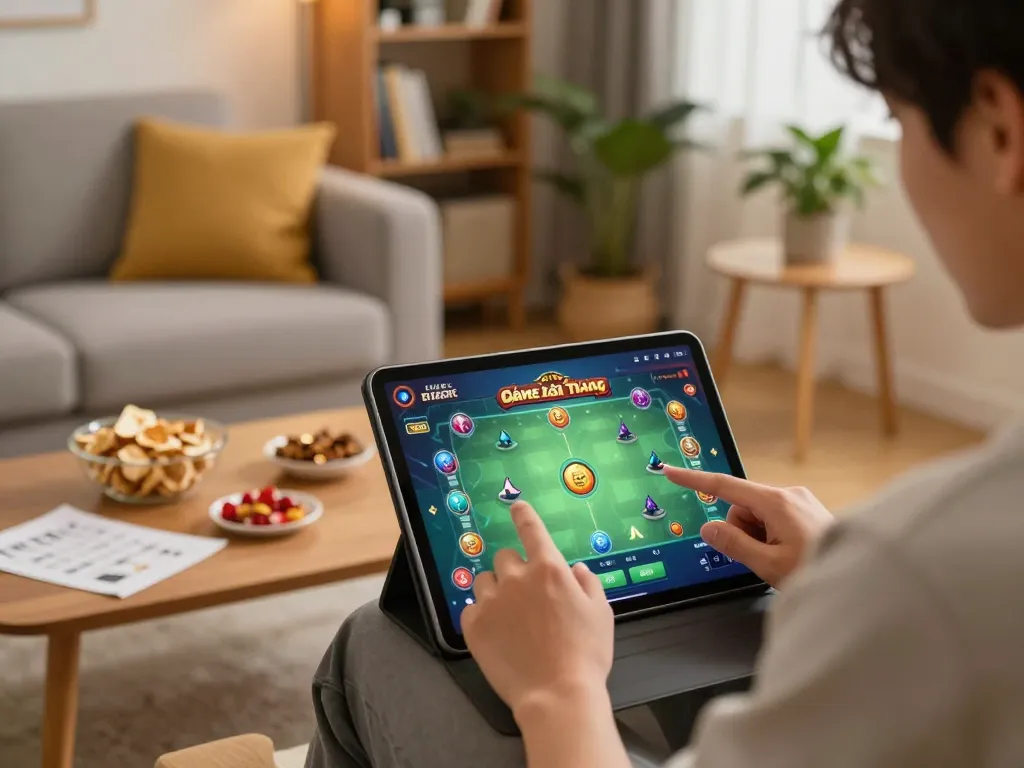 Engaging scene of online Game Bài Đổi Thưởng gameplay on tablet with cozy home setting and snacks.