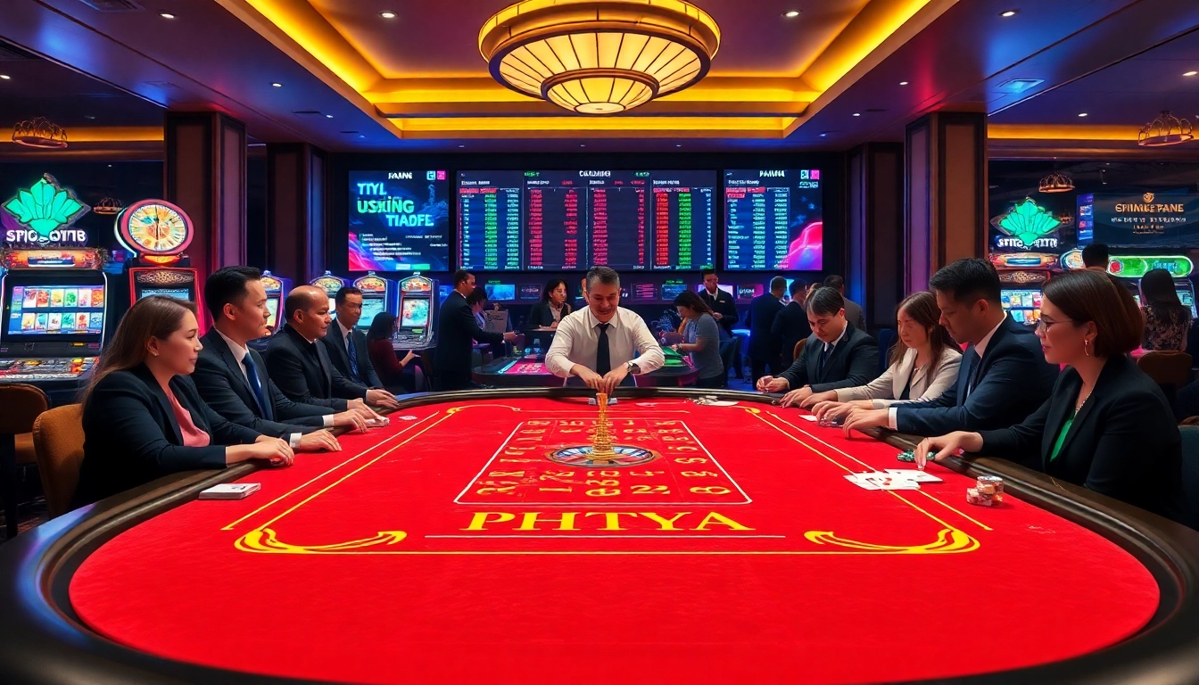 PHTAYA players enjoying a vibrant casino scene with table games and slot machines.