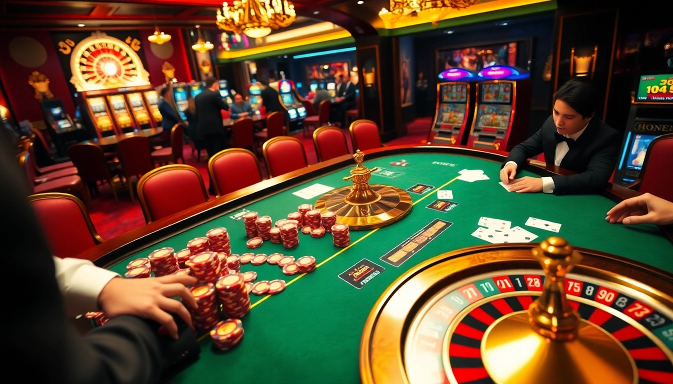 Experience the thrill of king 88 with a luxurious casino atmosphere featuring poker tables and roulette wheels.