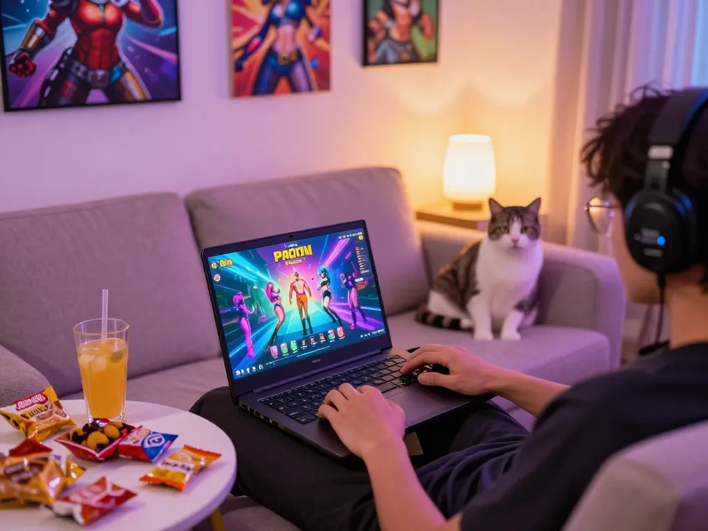 Engaged player in cozy setting enjoying porn games on a laptop with warm lighting and playful atmosphere.