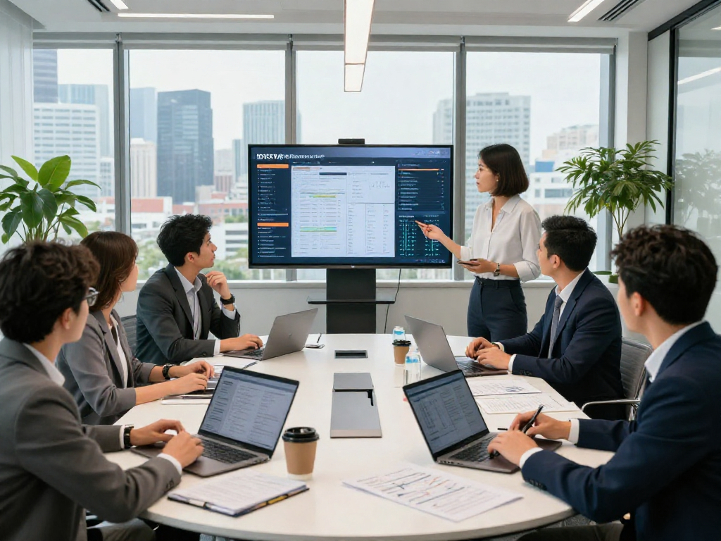 Collaborative business meeting showcasing IDXSTAR analytics in a modern conference room.