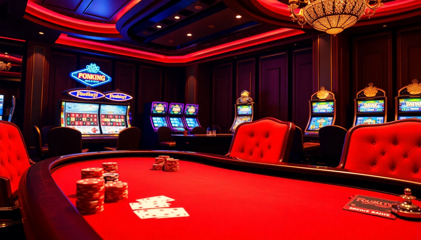 Experience the thrilling vibe of 99okwin.live with luxurious casino scenes featuring poker tables, roulette wheels, and slot machines.