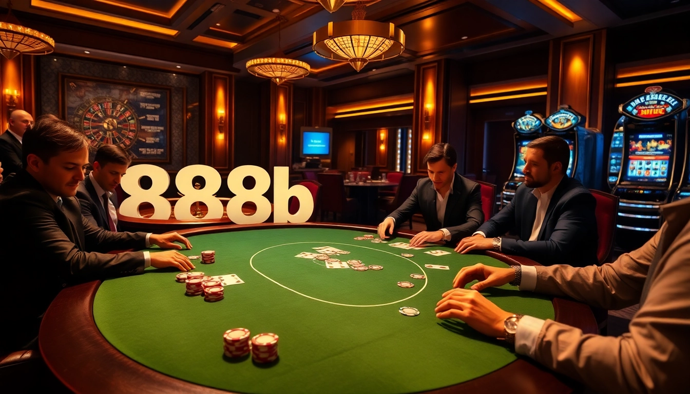 Experience an exciting poker game scene at 888b casino with stylish players and glimmering chips.