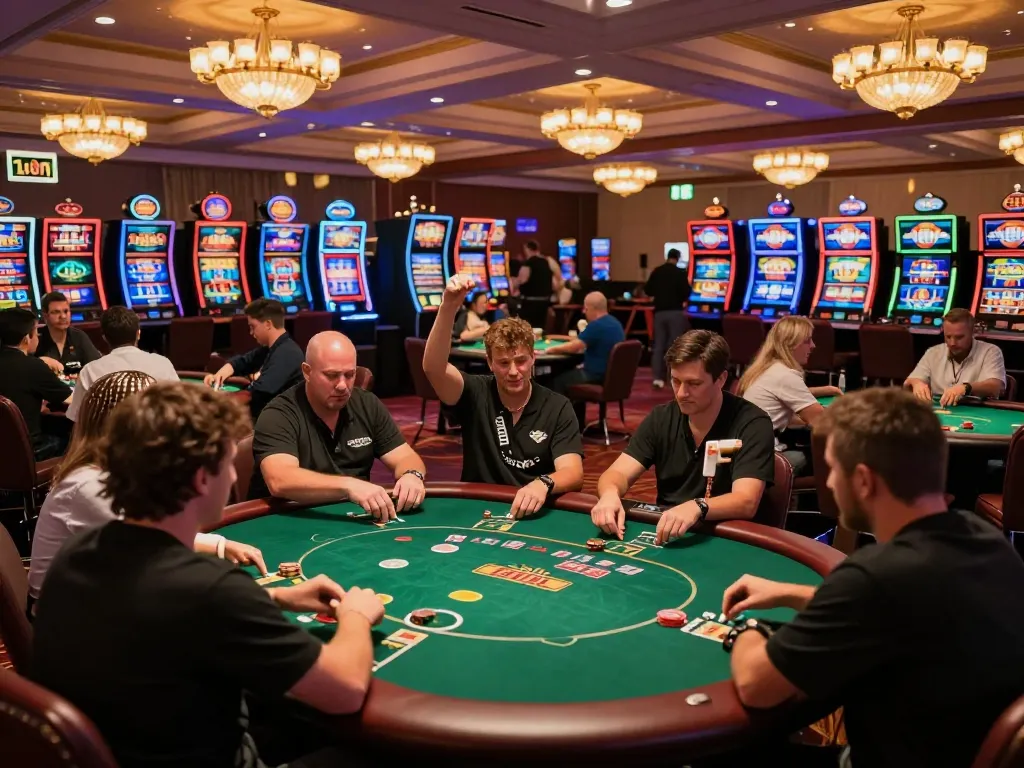 Players enjoying poker at a lively casino represented by https://ee888.sa.com/ with colorful slot machines and celebratory atmosphere.