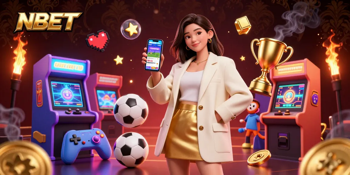 Experience thrilling betting with NBET as an Asian woman engages with a sports betting app in a vibrant casino illustration.