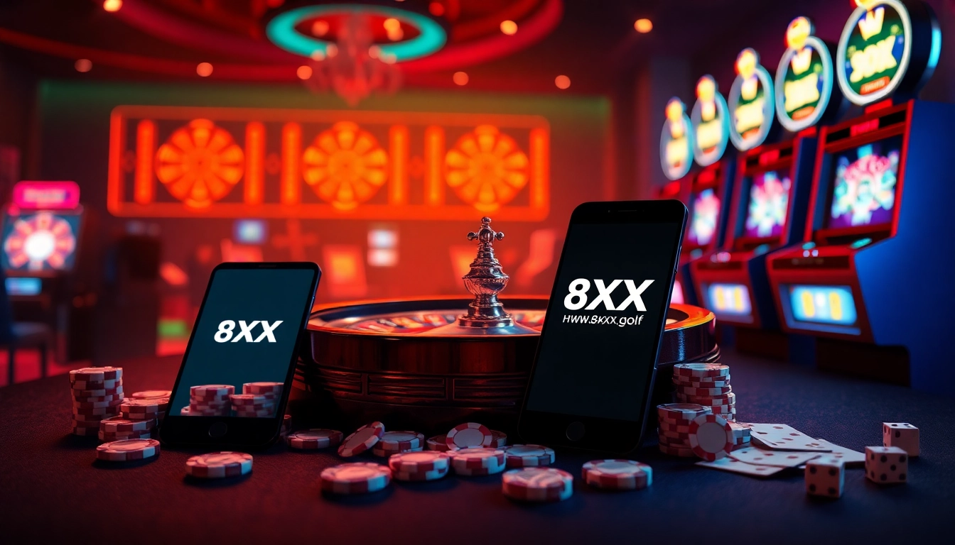 Experience thrilling gameplay at https://8xx.golf/, featuring vibrant casino elements like slot machines and roulette wheels.