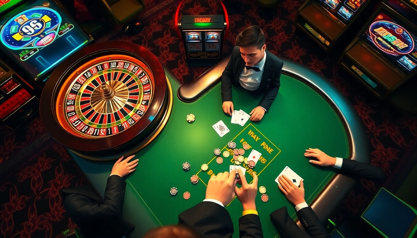 Players betting at a vibrant poker table in a luxurious casino setting with sunwin-themed excitement.