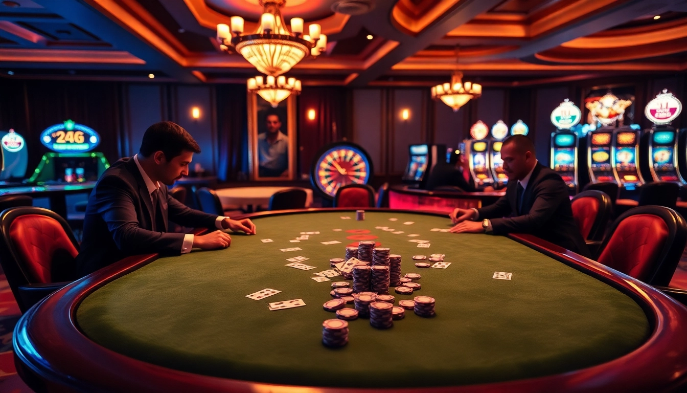 Players strategizing at the OK 8386 poker table with chips and cards on display.