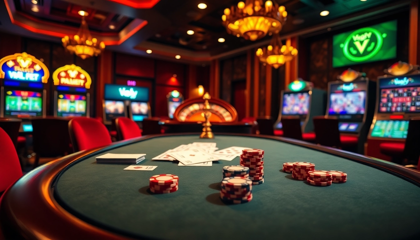 Exciting gambling scene with vaoluoi tv branding at an elegant casino table featuring poker chips and cards.