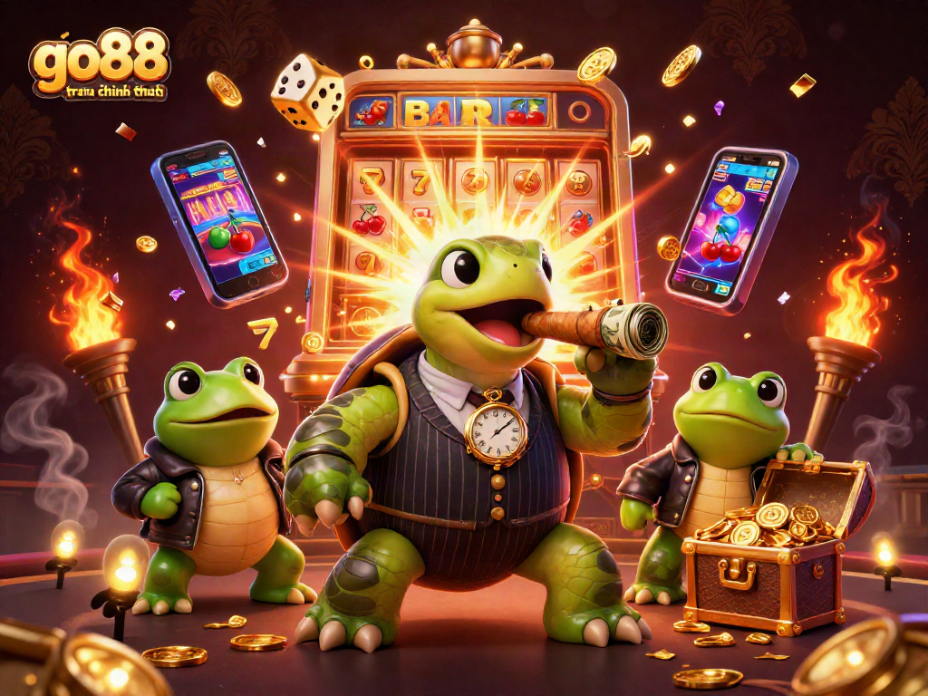 Win big at go88 trang chu chinh thuc with a vibrant 3D casino illustration featuring a snapping turtle and slot machine.