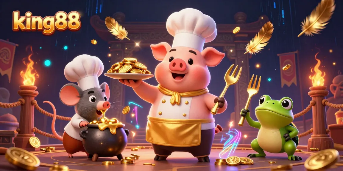 Experience the excitement of king88 with a chef pig serving gold coins amidst dynamic casino elements.