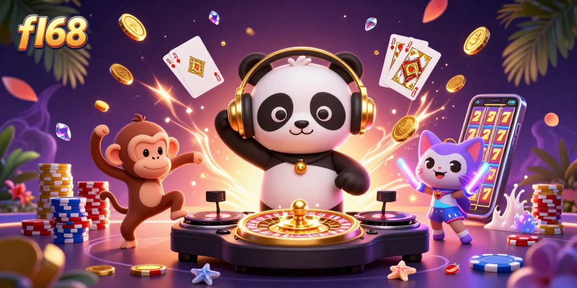 Experience thrilling gaming action with f168 as playful characters celebrate wins in a vibrant casino scene.