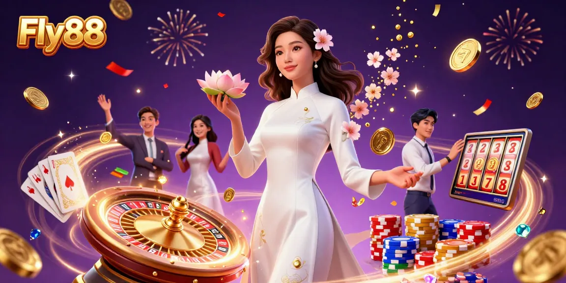 Fly88 online casino illustration showcasing elegant Asian woman amidst cascading coins and a vibrant gambling atmosphere.