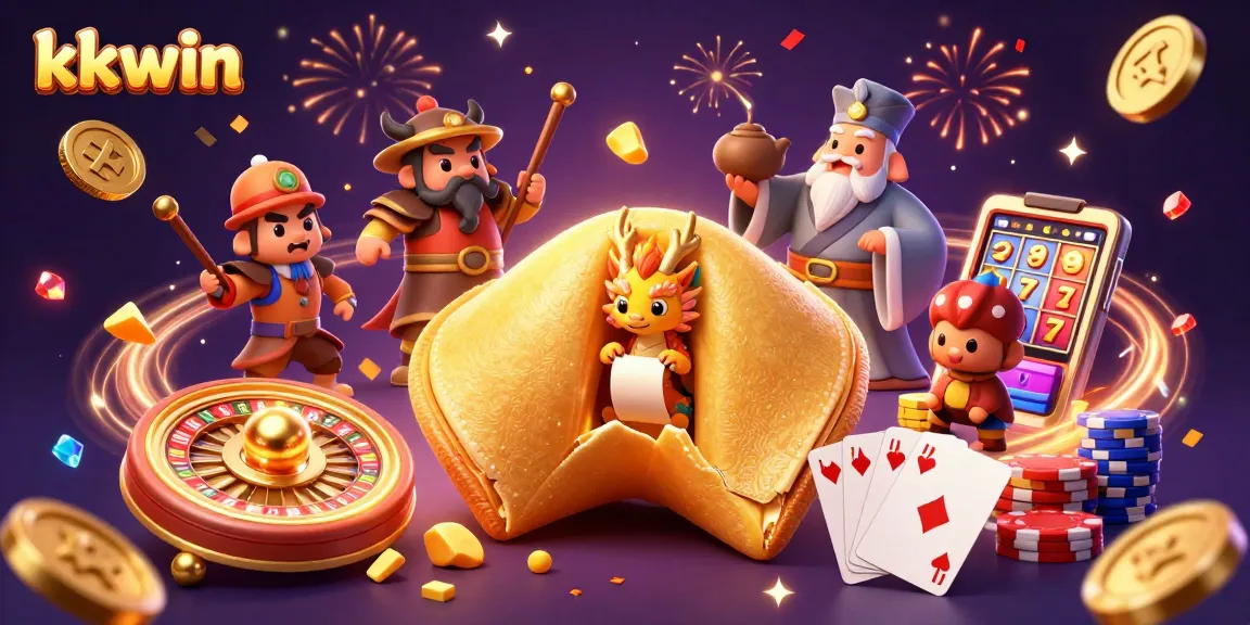 Experience winning at kkwin with vibrant, dynamic casino-themed 3D illustration featuring a golden fortune cookie.