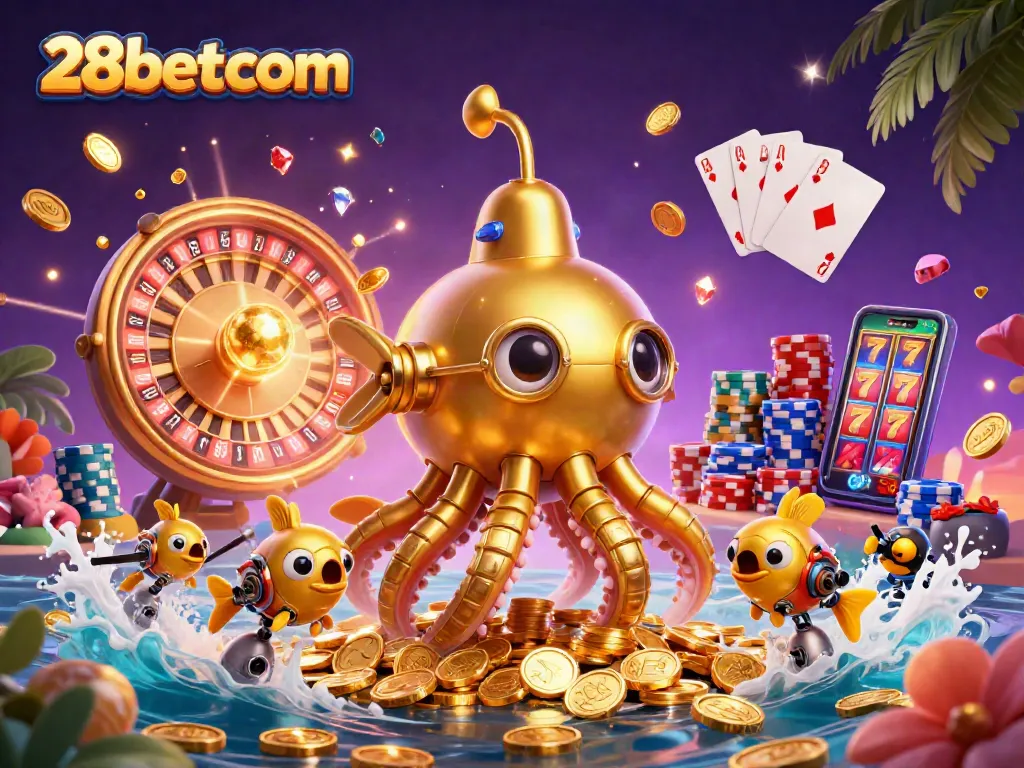 Engage with thrilling gaming action at 28betcom, featuring dynamic slot reels and a vibrant roulette scene.