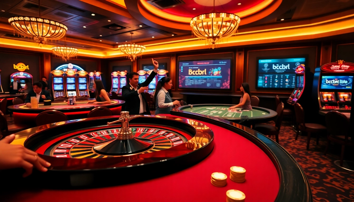 Jugadores disfrutando la emoción de los juegos de casino de bcbrl con ruleta y máquinas tragamonedas.