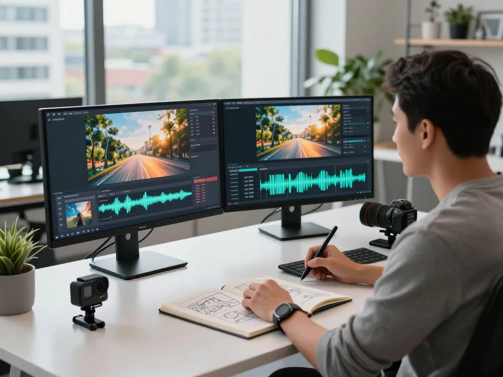 Creating advanced video using Seedance AI platform in a modern workspace with multiple monitors.