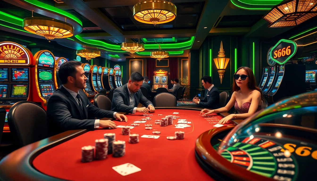 S666 poker players enjoying an exciting casino atmosphere with vibrant tables and colorful chips.