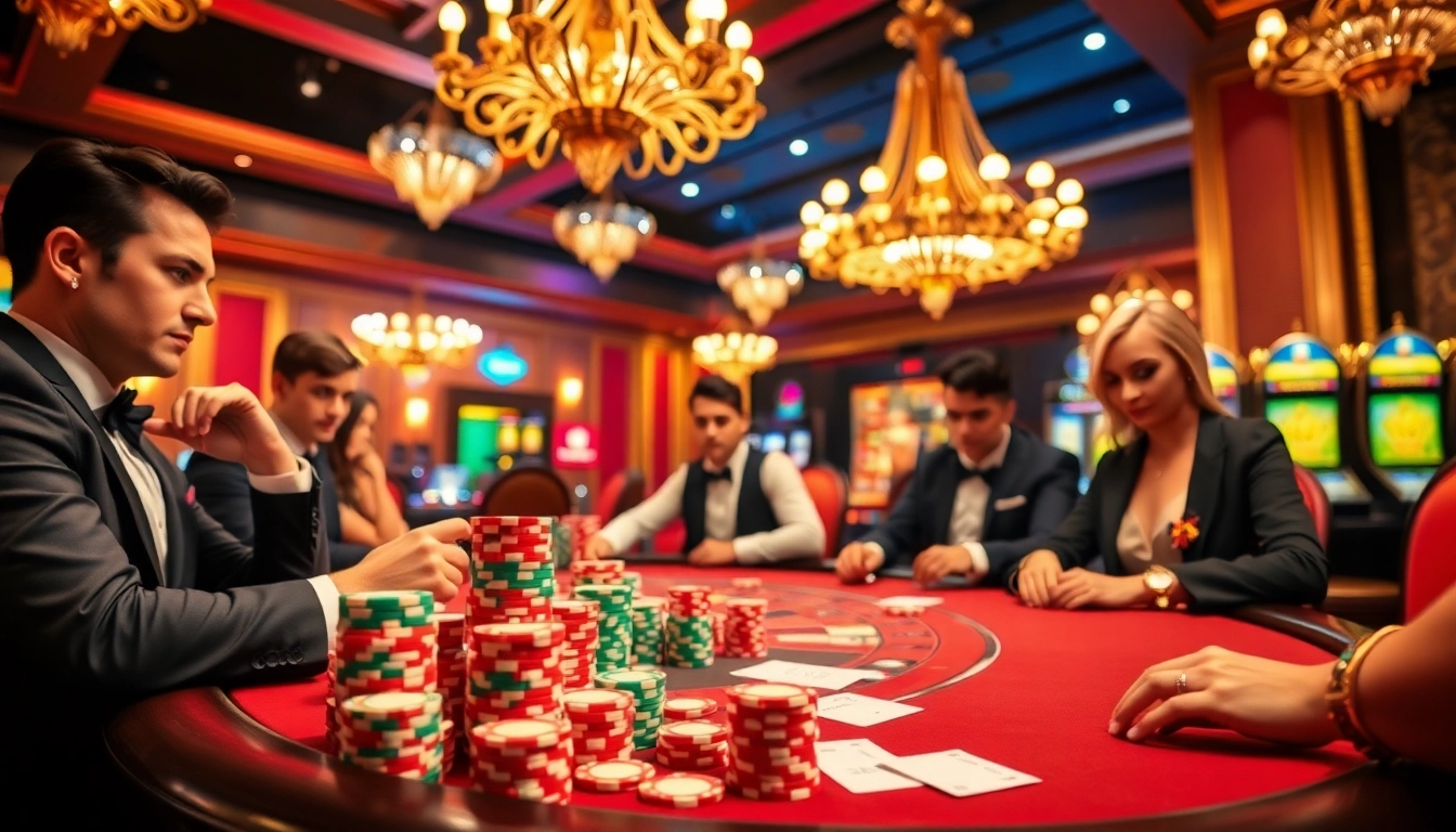 Play a high-stakes poker game at Haywin with vibrant chips and a luxurious casino atmosphere.