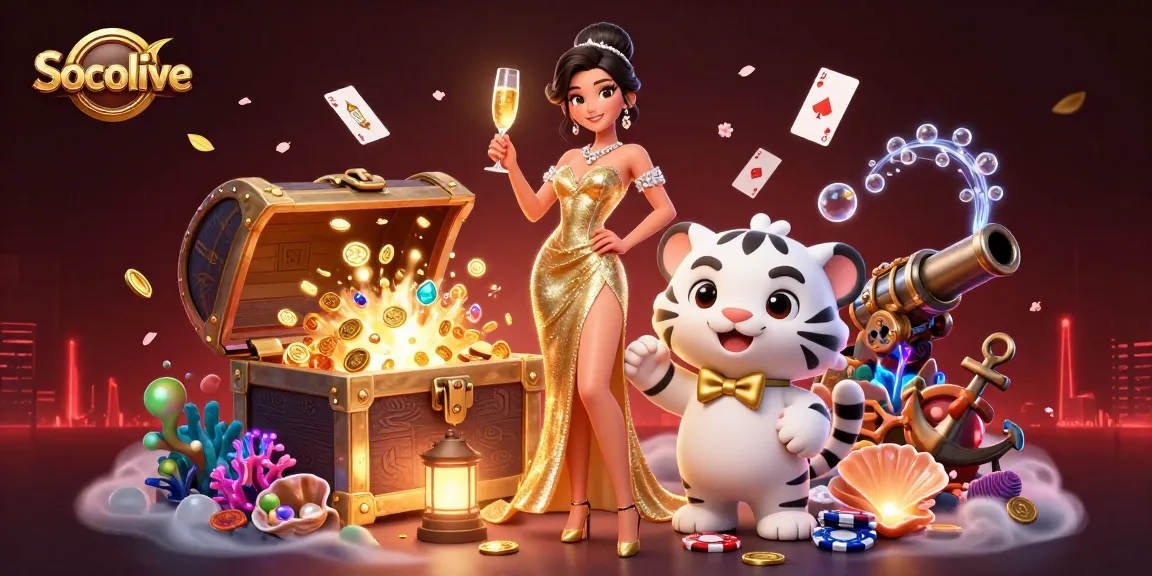 Socolive offers thrilling online betting with a glamorous scene of a woman and a lucky tiger amidst poker chips and gold coins.