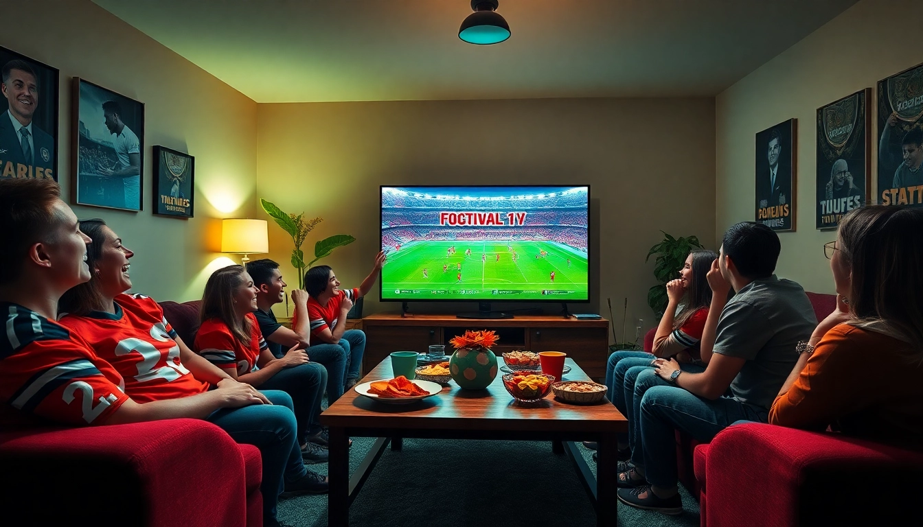 Excited fans enjoying a live football match on joemadfan.com in a cozy living room.